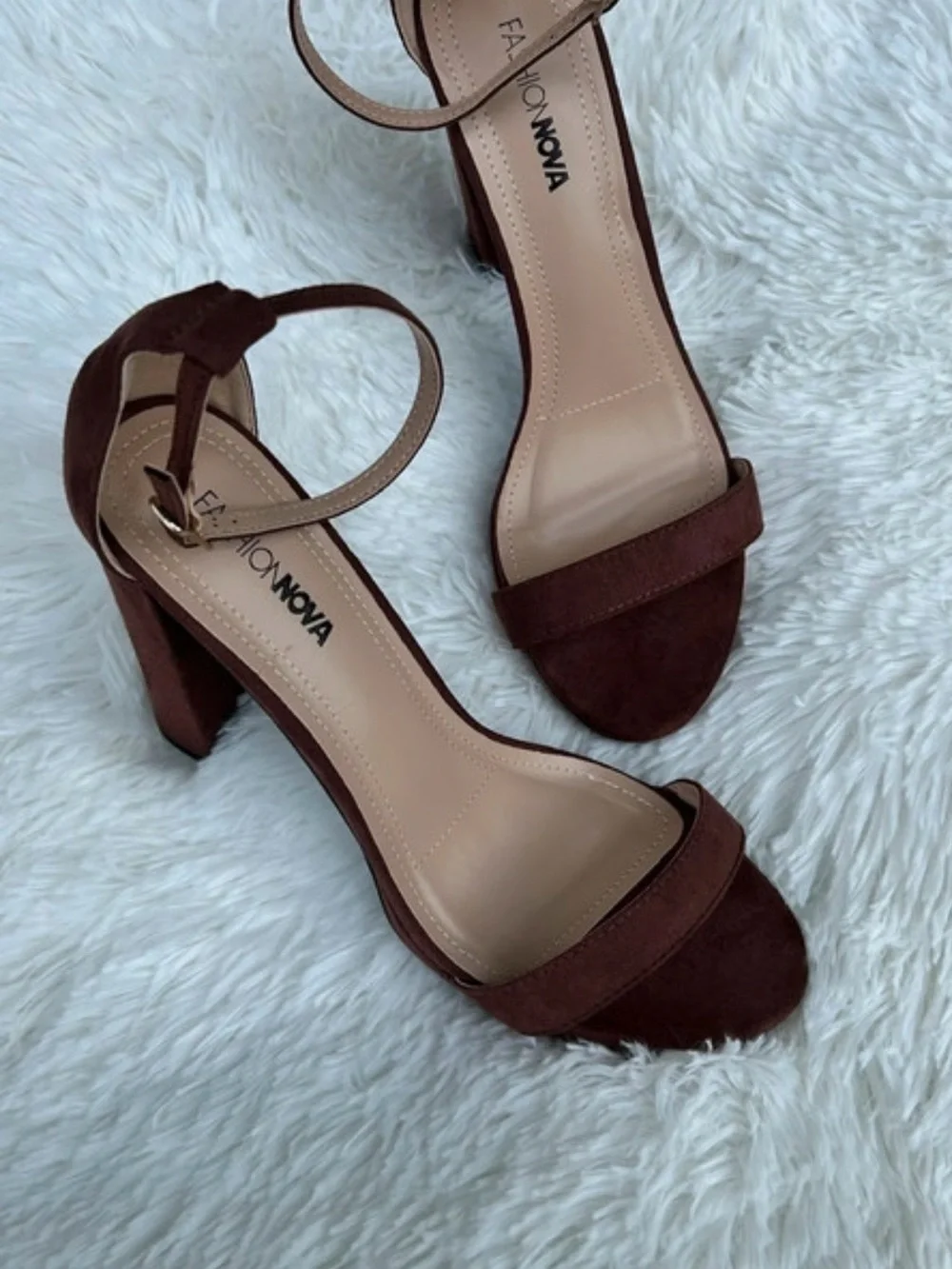 Fashion Nova Dark Brown Suede Block Heel Ankle Strap Sandals